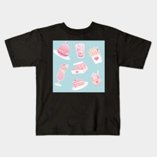 Pink Kawaii Fast Food (on blue) Kids T-Shirt